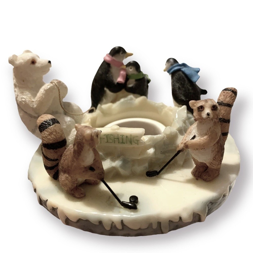 Vtg Winter Ice Fishing Candle Capper Stay On Tops Our America Polar Bear Penguin